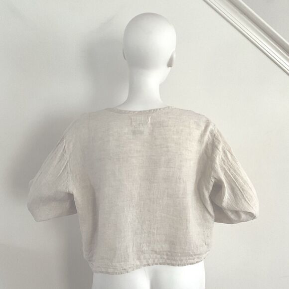 FLAX Top L Beige 100% Linen Lagenlook Long Sleeve Button Front - Picture 2 of 9